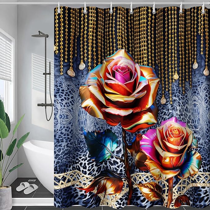 AILONEN Gold Rose Shower Curtain for Bathroom- Romantic Floral Shower Curtain -Polyester Fabric Waterproof Decoration- Plants Blue Black Leopard Flowers Bath Shower Curtains Washable, 72" W x 78" H