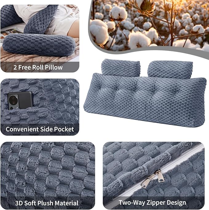 Wedge Headboard Pillow - Bed Wedge Pillow for Headboard Triangular Headboard Pillow with Neck Roll Pillow-Large Bolster Pillow for Sitting in Bed Backrest Positioning Support (Grey,54x8x20 Inches)