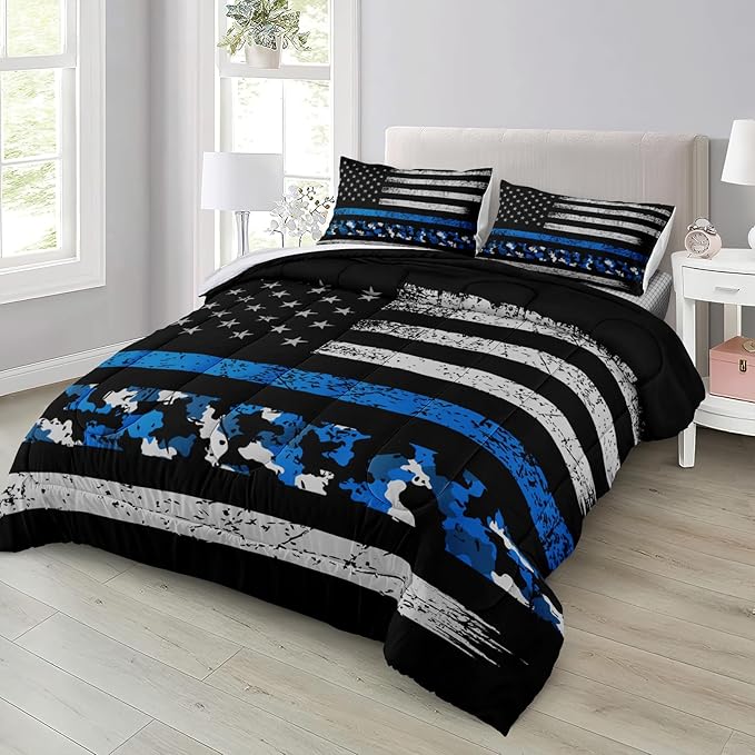 Bedbay American Flag Comforter Set King Teen Boys Military Bedding 4Pcs Camouflage Bedding Kingsize Flag Camo Comforter Set Soft Lightweight Army Comforter Duvet Insert for All Season(Blue,King)