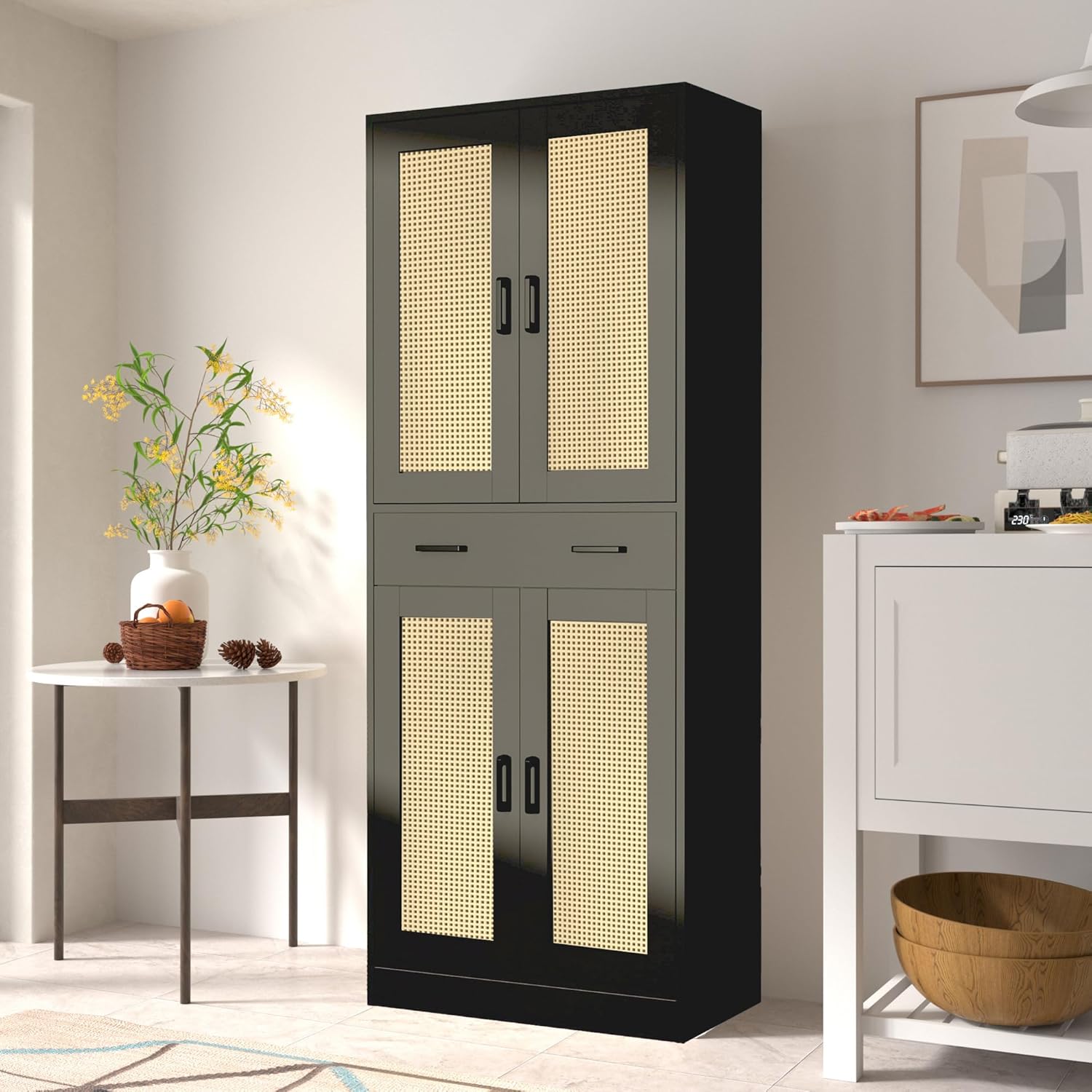 71" Tall Black & Rattan Pantry Cabinet - Boho Chic Kitchen Storage with Doors & Drawer for Dining Room, Hallway or Kitchen Organization