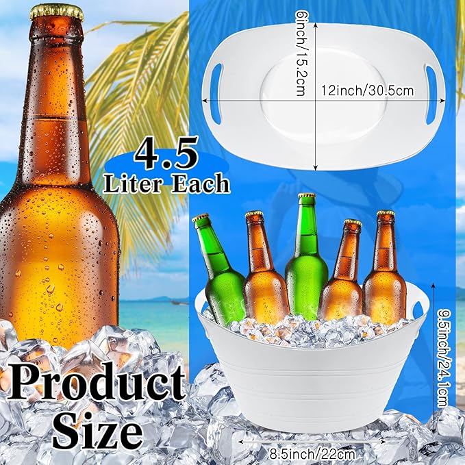 24 Pcs White Oval Storage Tub with Handles, 4.5L Plastic Ice Bucket Wine Beer Champagne Bottle Drink Cooler Tub for Parties Beverage, Storage Basket