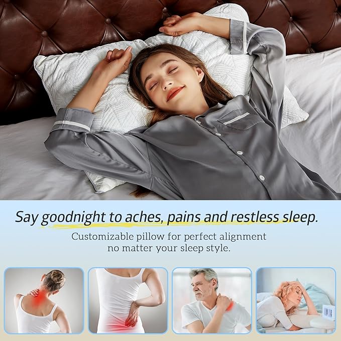 BETU Cooling Standard Pillow, Shredded Memory Foam Cool Pillow for Hot Sleepers, Adjustable Firm Soft Support Bed Pillows Perfect for Back Neck Pain and Side Sleeping with Pillow Case Cover, White