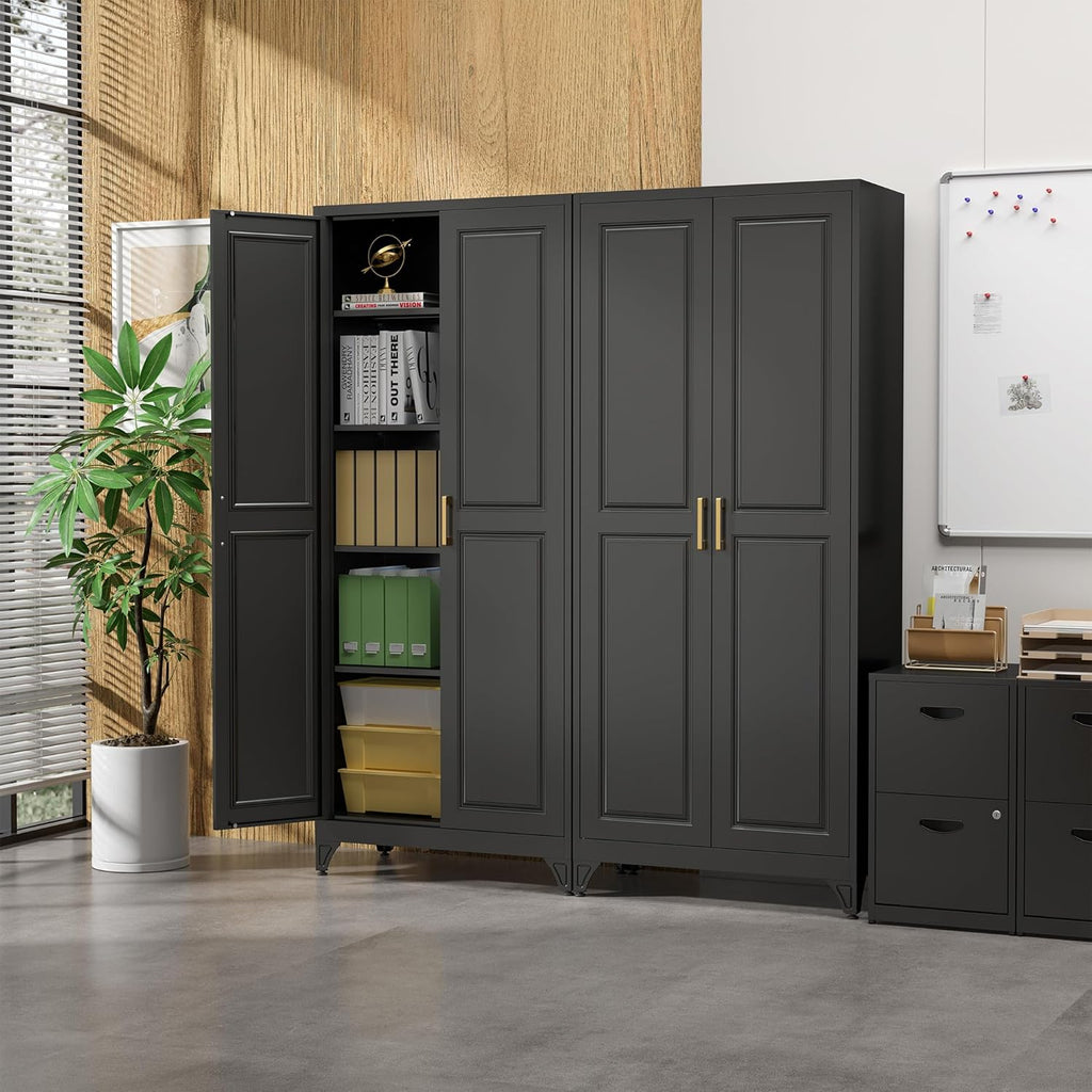 Kitchen Pantry Cabinet,75”Black Metal Storage Cabinets with Doors and 4 Adjustable Shelves,Kitchen Cabinet with 2 Gold Handles,Tall Cabinet for Livingroom, Bathroom