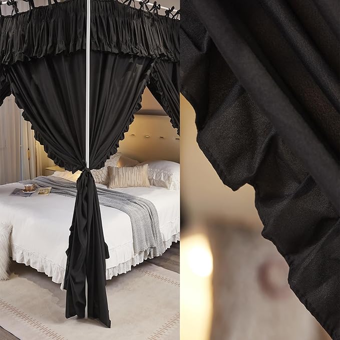 4 Corners Post Princess Ruffle Curtain Bed Canopy Lace Up Elastic Cozy Breathable Tent Mosquito Net for Girls Bedroom Decoration(Black, 47-53" W*78" L*82"*H/Full)