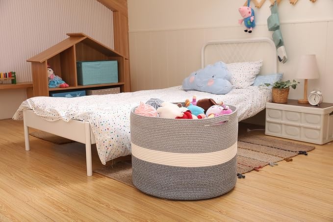 24" x 24" x 17" Mega Size Extra Large Storage Basket, Cotton Rope Storage Baskets, Woven Hamper, Cloth Storage Bin, for Clothes Blanket, Dual Grey