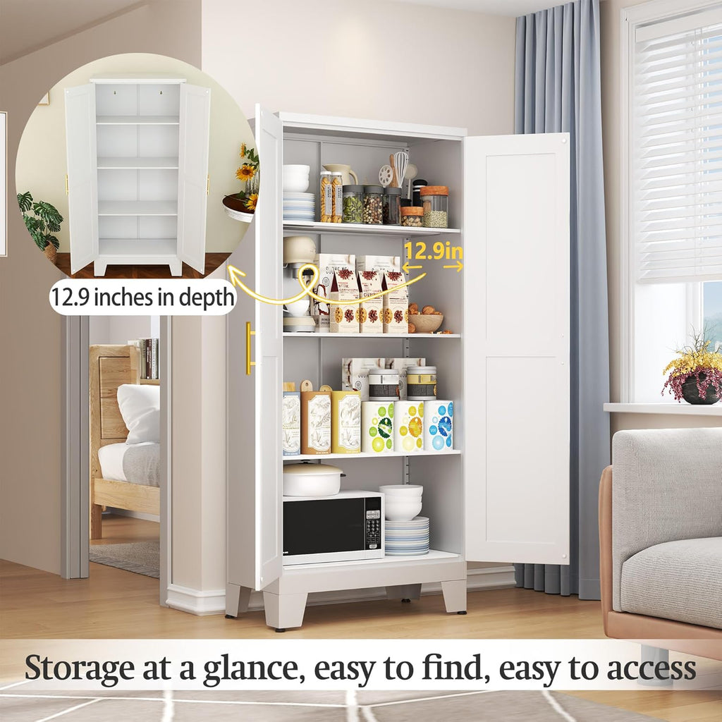 White Metal Storage Cabinet, 61" Steel Cabinets for Home Office, Kitchen Pantry Storage Cabinet with Doors and 3 Adjustable Shelves, Tool Cabinet, for Office, Home, Garage, School