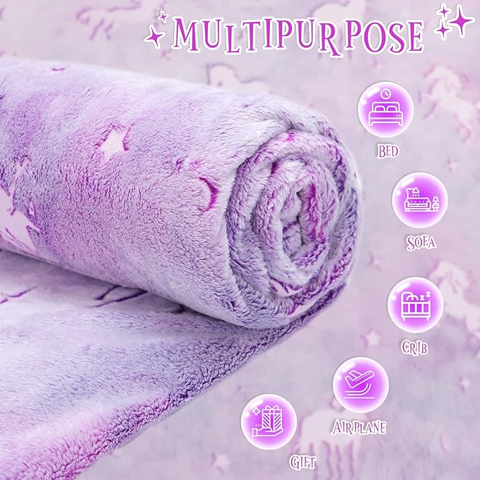 BORORO Unicorn Gifts Purple Glow in The Dark Blanket for Kids Unicorns Toys for Girls Cute Blankets for Birthday Halloween Christmas Valentines Gifts