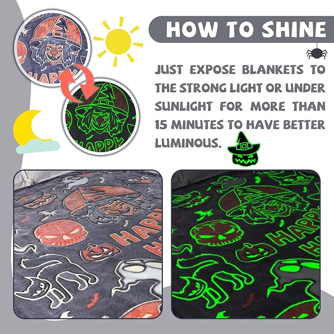 Witchy Blanket Halloween Glow in The Dark Blanket for Kids Women Adults Pumpkins Halloween Decorations for Bedroom