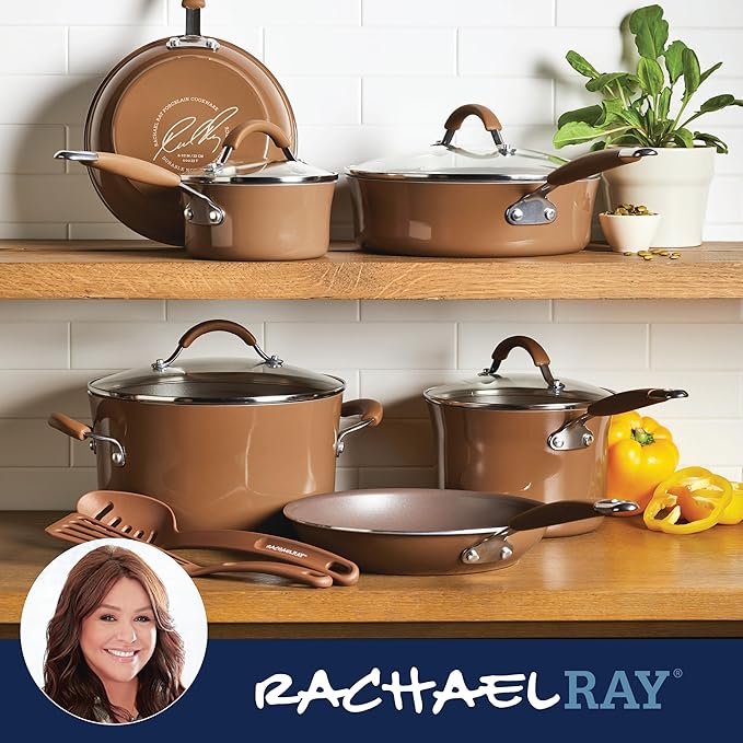 Rachael Ray Cucina Nonstick Cookware Pots and Pans Set, 12 Piece, Mushroom Brown