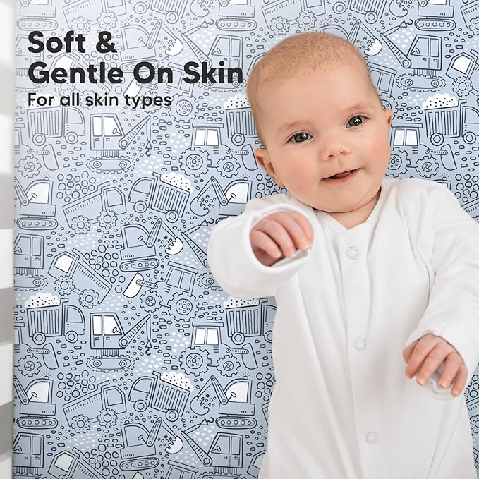 2-Pack Organic Crib Sheets for Boys, Girls - Jersey Fitted Crib Sheet, Baby Crib Sheets Neutral, Crib Mattress Sheet, Cotton Crib Sheets, Breathable Crib Sheet, Baby Mattress Sheets (Excavation)