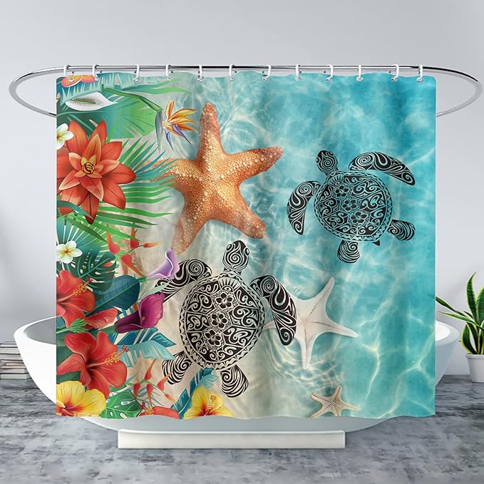 AILONEN Sea Turtle Shower Curtain,Sea Turtle with Starfish Bath Curtain Cloth Fabric Bathroom 72" W*84" H Inch,12 Pack Hooks for Kids,Ocean Themed Bathroom Curtain