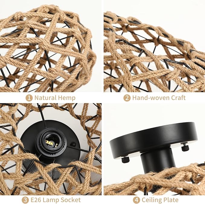 Rattan Ceiling Light Fixtures, Woven Wicker Semi Flush Mount Ceiling Light, Coastal Boho Rattan Ceiling Light for Farmhouse Bedroom Hallway Entryway Kitchen