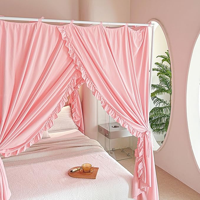 AIKASY Princess Canopy Bed Curtains with Top Ties - Windproof & Lightproof for Girls' Adult Bedroom Decor | Bed Canopy Drapes (Queen,Pink)