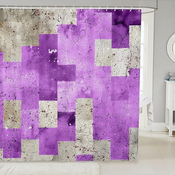 Feelyou Kids Geometric Purple Bathroom Shower Curtain Set Geometry Bath Curtain Boys Girls Checkered Shower Curtain Modern Art Teens Bathroom Accessories Room Decor 72"x78"