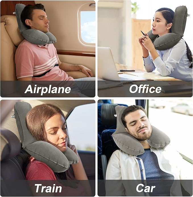 MABOZOO Inflatable Travel Neck Pillow, Portable Blow up Neck Pillow for Chin, Head Support Soft Velvet Airplane Pillow for Sleeping,Traveling,Train, Car, Office