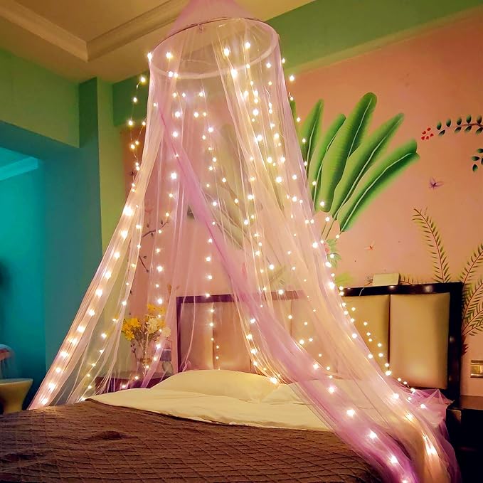 Eimilaly Two-Tone Bed Canopy Mosquito Net Pink Purple, Bed Canopy for Girls Room Decor - Insect Protection Hanging Canopy for Adults, Babies, Single Door