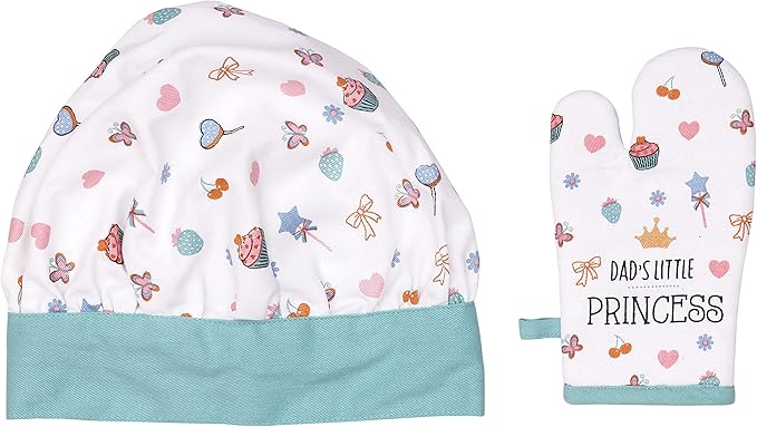 AMOUR INFINI 100% Cotton Little Princess 3-Piece Kitchen Set| Kid's Aprons, Oven Mitts, and Chef Hats|Kitchen Play,Cooking,Grilling,Baking,Thanksgiving,Christmas,Birthday Gift for Girls & Young Chefs
