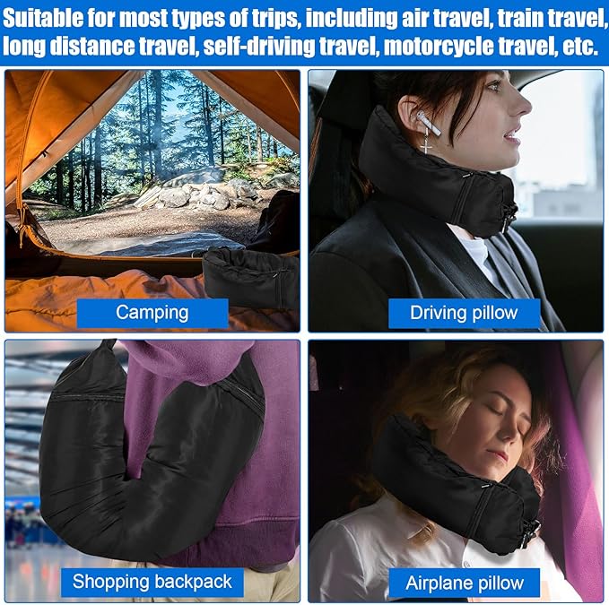 2pcs Stuffable Travel Pillows with 2pcs Adjustable Long Straps, Transformable Neck Pillow Case Cover Adults for Going Out by Car or Plane, No Pillow Filler (Black)