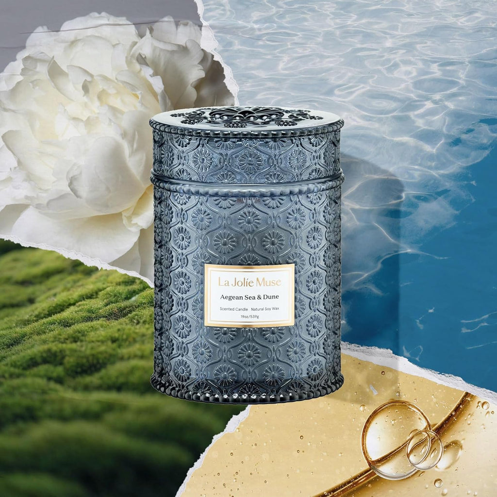 LA JOLIE MUSE Aegean Sea & Dune Candle –Cool Water, White Florals & Warm Amber | 19 oz Large Wooden Wick Candle | Natural Soy Wax | 90 Hours Clean Burn | Gift-Ready for Hosts & Gatherings