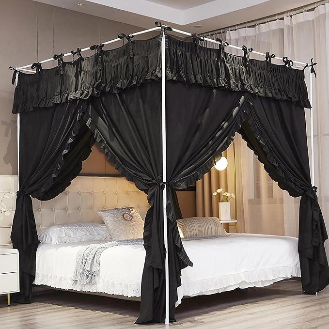 Ruffle Lace up 4 Corners Post Princess Curtain Bed Canopy Cozy Breathable Mosquito Net Cloth for Girls Adults Bedroom Decoration (Black, 64" W*82" L*82" H/Queen)