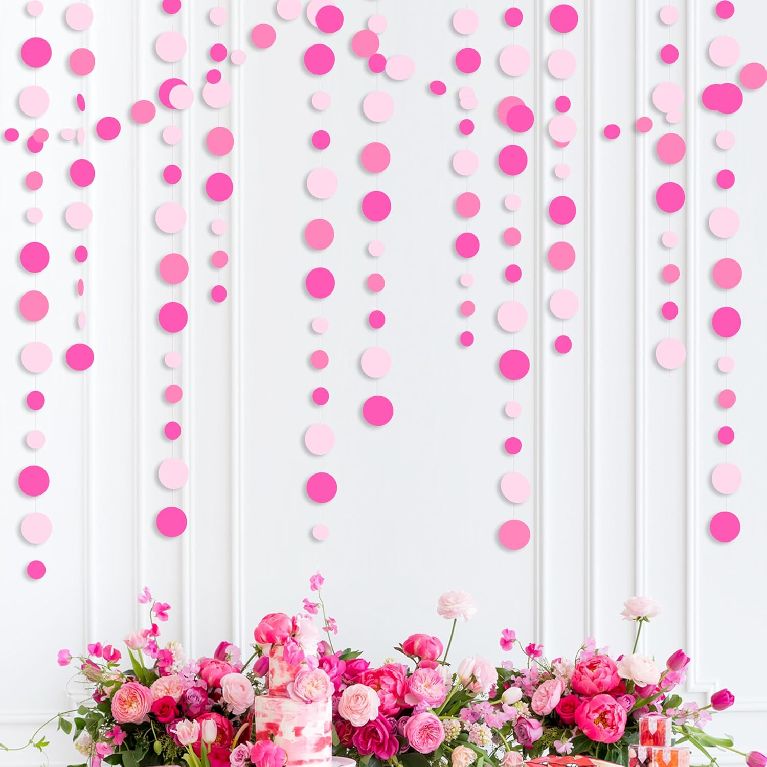 Hot Pink Party Decorations Circle Dots Garland Rose Pink White Hanging Paper Polka Dots Streamer for Birthday Bachelorette Engagement Wedding Baby Bridal Shower Anniversary Minnie Theme Party Supplies
