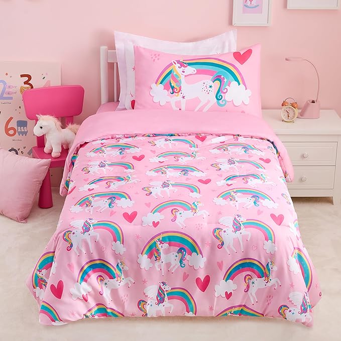 Joiedomi Kid Twin Comforter Set - 5 Piece Unicorn Rainbow Bedding Set for Boys/Girls - Super Soft Microfiber Bed in a Bag with Comforter, Sheets, Pillowcase & Sham