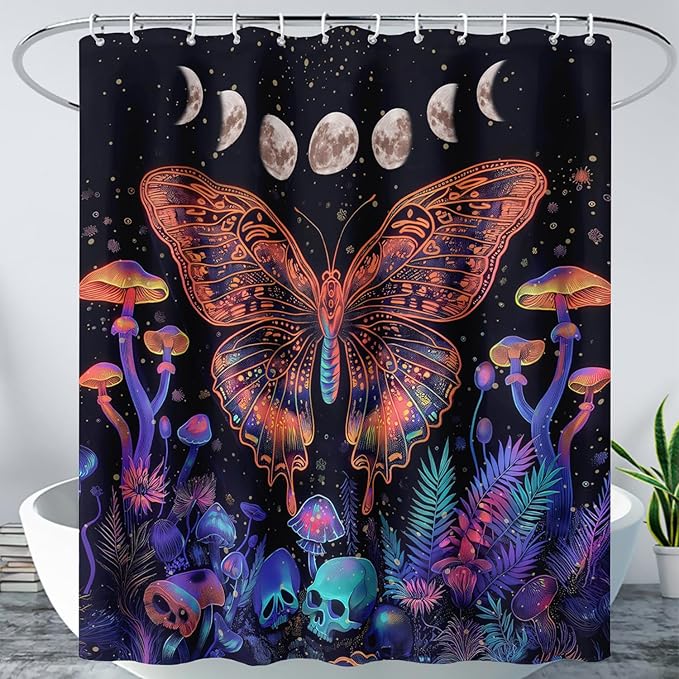 AILONEN Colorful Butterfly Shower Curtain,Magic Mushroom Waterproof Fabric Bath Curtain for Kids Girls,Boho Sun and Moon Skull Shower Curtain Set for Bathroom 72" W*84" H