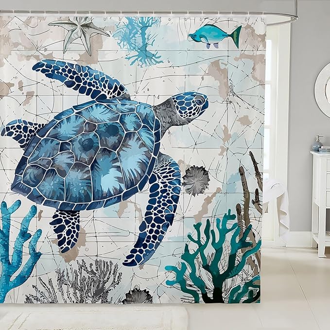 Feelyou Sea Turtle Shower Curtain Ocean Theme Fabric Shower Curtain for Kids Boys Girls Nautical Bathroom Waterproof Accessories with 12 Hooks Ocean Creature Curtains,72x72 Inches