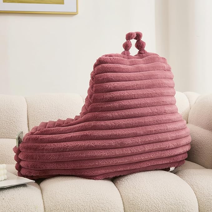 WERDIM Reading Pillow for Sitting in Bed, Faux Fur Back Pillow for Bed Rest, Bed Chair Pillow with Arms and Pockets(Large, Dusty Rose)