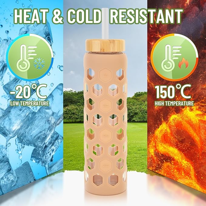 32oz Glass Water Bottles with 2 Lids-Bamboo Straw Lid & Spout Cap,Motivational Water Tumbler with Silicone Sleeve with Time Marker,Leakproof,BPA Free