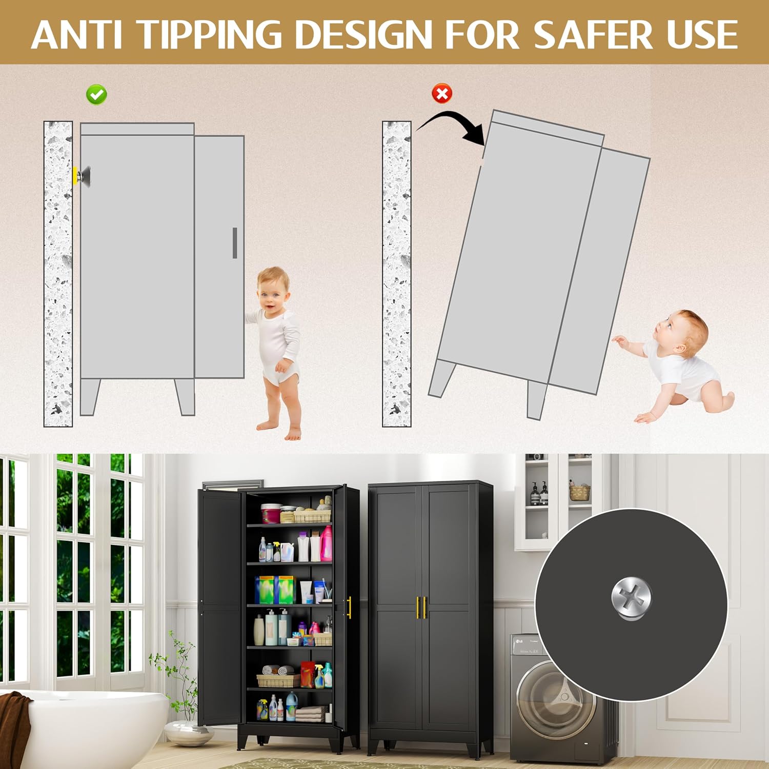 75.2" Tall Storage Cabinet, Pantry Storage Cabinets with 2 Door and 5 Adjustable Shelves, Black Kitchen Food Cabinet, Metal Utility Cabinets for Kitchen, Dinning Room, Laundry Room