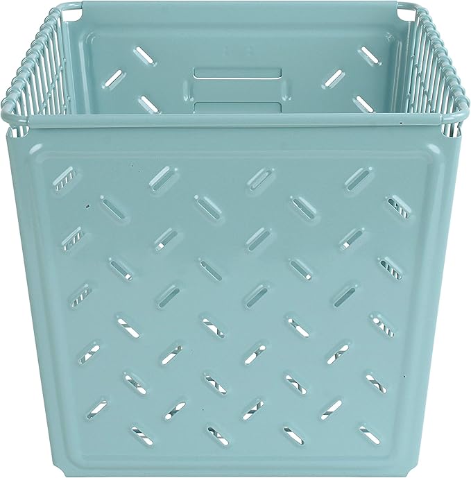 Spectrum Diversified Macklin, Stamped Steel & Wire Basket for Closet & Cubby Storage Vintage-Inspired Design with Customizable Label Plate, Medium, Teal, 1 Count (Pack of 1)