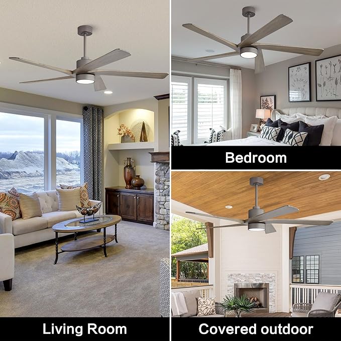 WINGBO 54 Inch DC Ceiling Fan with Lights and Remote Control, 5 Reversible Carved Wood Blades, 6-Speed Noiseless DC Motor, Modern Ceiling Fan in Graphite Finish with Gray Blades, ETL Listed