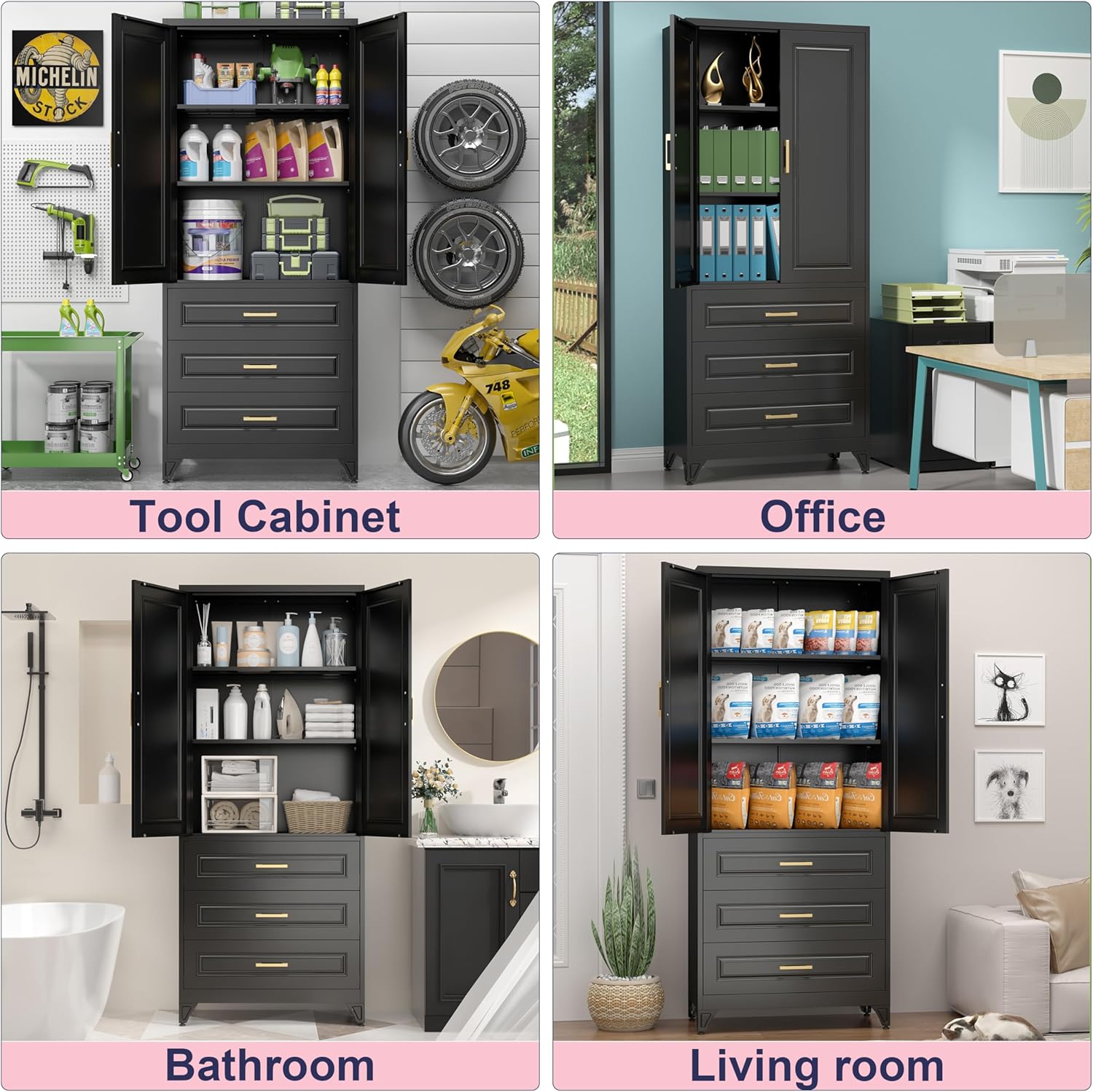 Pantry Kitchen Cabinet with Drawer, 75" Tall Pantry Storage Cabinet, Metal Storage Cabinets with Doors and Shelves, Large Freestanding Cupboard for Dining Room, Assembly Required, Black