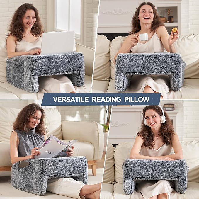 Homguava Reading Pillow Memory Lap Desk Foam Pillow for Adults Gaming Pillow Arm Rest Pillow for Reading, Crocheting, Gaming or Sitting in Bed (Furry Grey, Medium)
