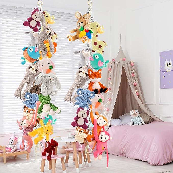 2pcs Stuffed Animal Storage Chain - Boho Stuffed Animal Hammock with 40pcs Metal Clips, Stuff Animal Organizer Hanging Storage for Kids Bedroom Wall Door Display