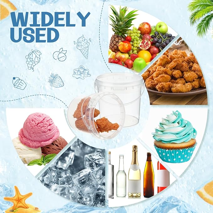 24 Pcs Ice Cream Bucket Clear Plastic Bucket with Lids and Straws Drinks Containers Plastic Food Storage Pail for Summer Cold Drink Beach Parties