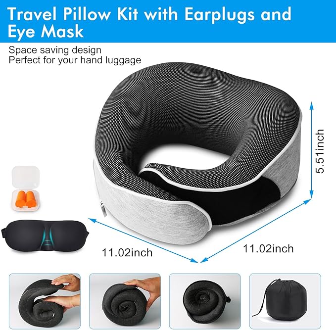 Travel Pillow,Upgraded 100% Memory Foam Neck Pillow for Traveling,Ergonomic Design Soft Best Flight Pillow,Neck Pillow Airplane Kit with 3D Contoured Eye Masks,Earplugs and Luxury Bag (Grey)