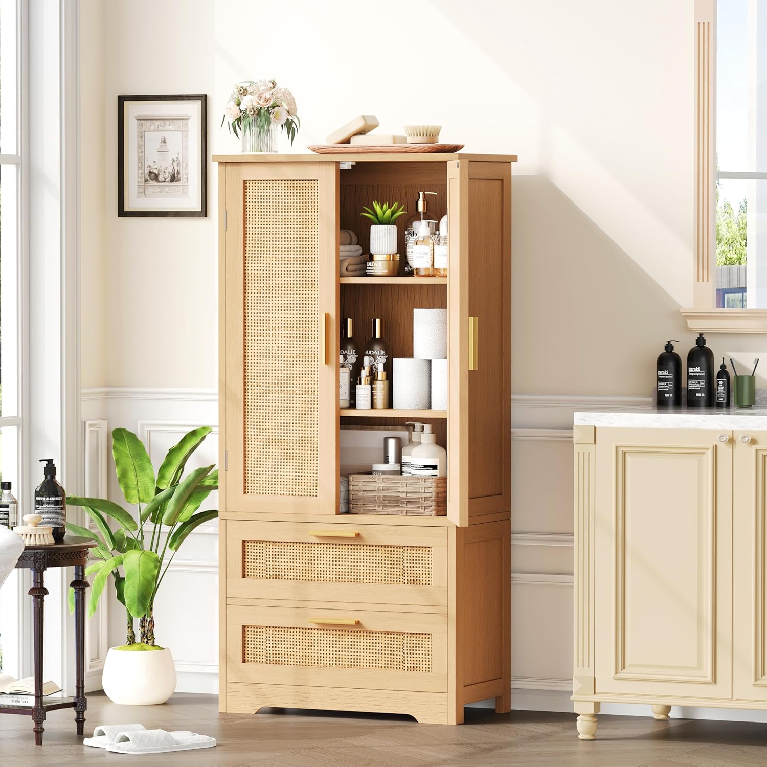 50.4" H Bathroom Storage Cabinet, Modern Floor Cabinet with Adjustable Shelf, Small Pantry with 2 Doors & Drawers, Storage Cabinet for Bathroom, Living Room, Kitchen, Natural KES007MCWG