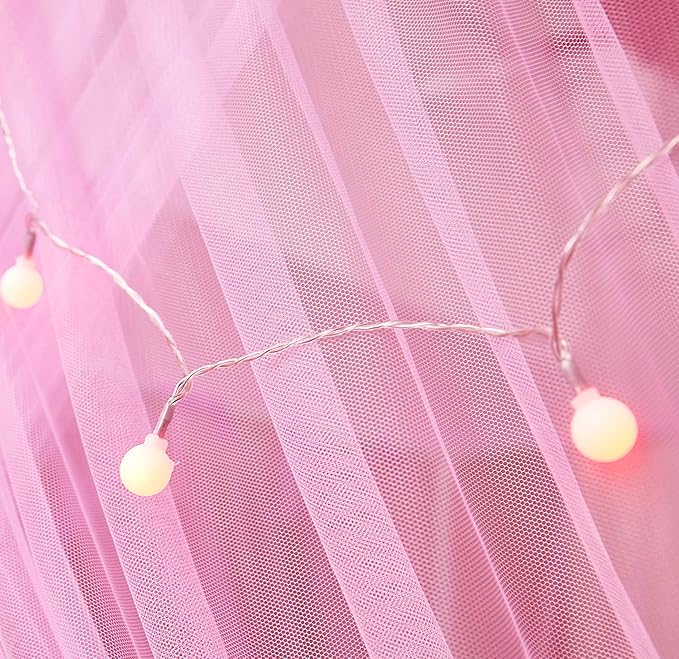 Mengersi Canopy Bed Curtains Bed Canopy with Lights for Girls, Bed Netting Unique Style 4 Door Mosquito Net for Adults Women Bedroom Decor (Pink+Lights, Twin/Twin XL)
