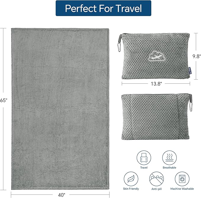 BEDELITE Travel Blanket Airplane Compact with Bag, Portable and Packable 2 in 1 Jacquard Travel Pillow and Blanket Set, Airplane Blanket Travel Essentials with Luggage Sleeve & Backpack Clip, Grey