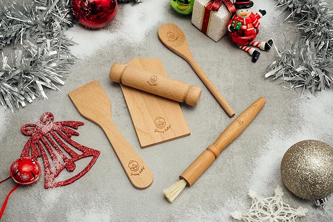 Kids Cooking Utensils Set – 5-Pcs Kids Baking Set with Chopping Board, Spoon, Spatula, Rolling Pin, Brush – Eco-Friendly Birch Wood Toddler Kitchen Set – Child-Size Kitchen Utensil Set