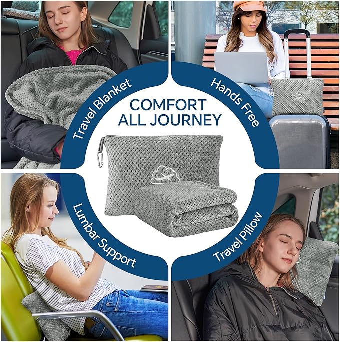 BEDELITE Travel Blanket Airplane Compact with Bag, Portable and Packable 2 in 1 Jacquard Travel Pillow and Blanket Set, Airplane Blanket Travel Essentials with Luggage Sleeve & Backpack Clip, Grey