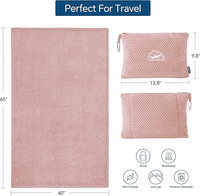 BEDELITE Travel Blanket and Pillow Set, Portable and Packable Jacquard Travel Blanket Airplane Compact with Bag, Airplane Blanket Travel Essentials for Women with Luggage Sleeve & Backpack Clip, Pink