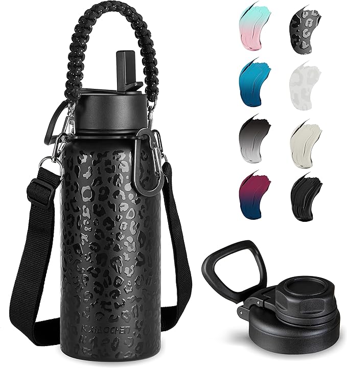 32oz Insulated Water Bottle with Paracord Handles & Strap, 2 Lids(Straw Lid&Spout Lid), Stainless Steel Reusable Wide Mouth Metal Water Bottle With Straw, Double Walled, Thermo Mug（Black Leoqard)