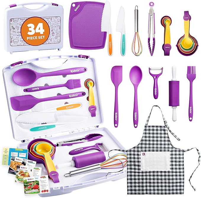 KIDSTIR Kids Cooking Sets Kids Baking Set 34 Piece Real Cooking Set for Kids with Organizer Carrying Case, Kids Cooking Utensils for Girls and Boys Kid Cooking Gift Set and Baking Set for Kids