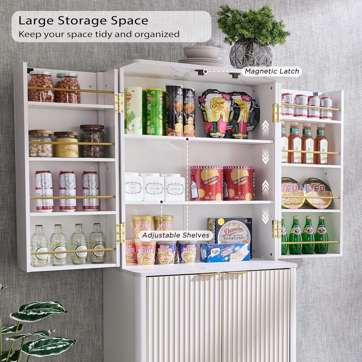 OKD Fluted Kitchen Pantry, 72" Tall Mid Century Modern Storage Cabinet with Adjustable Shelves & Door Organizer, Wood Cabinet for Kitchen, Living Room, Solid White