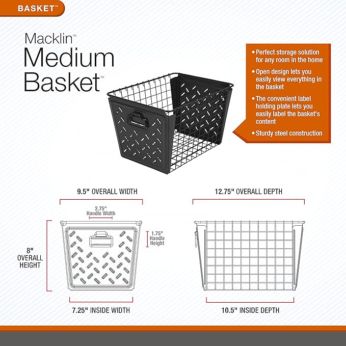 Tovolo Macklin, Stamped Steel & Wire Basket for Closet & Cubby Storage Vintage-Inspired Design with Customizable Label Plate, Medium, Zinc