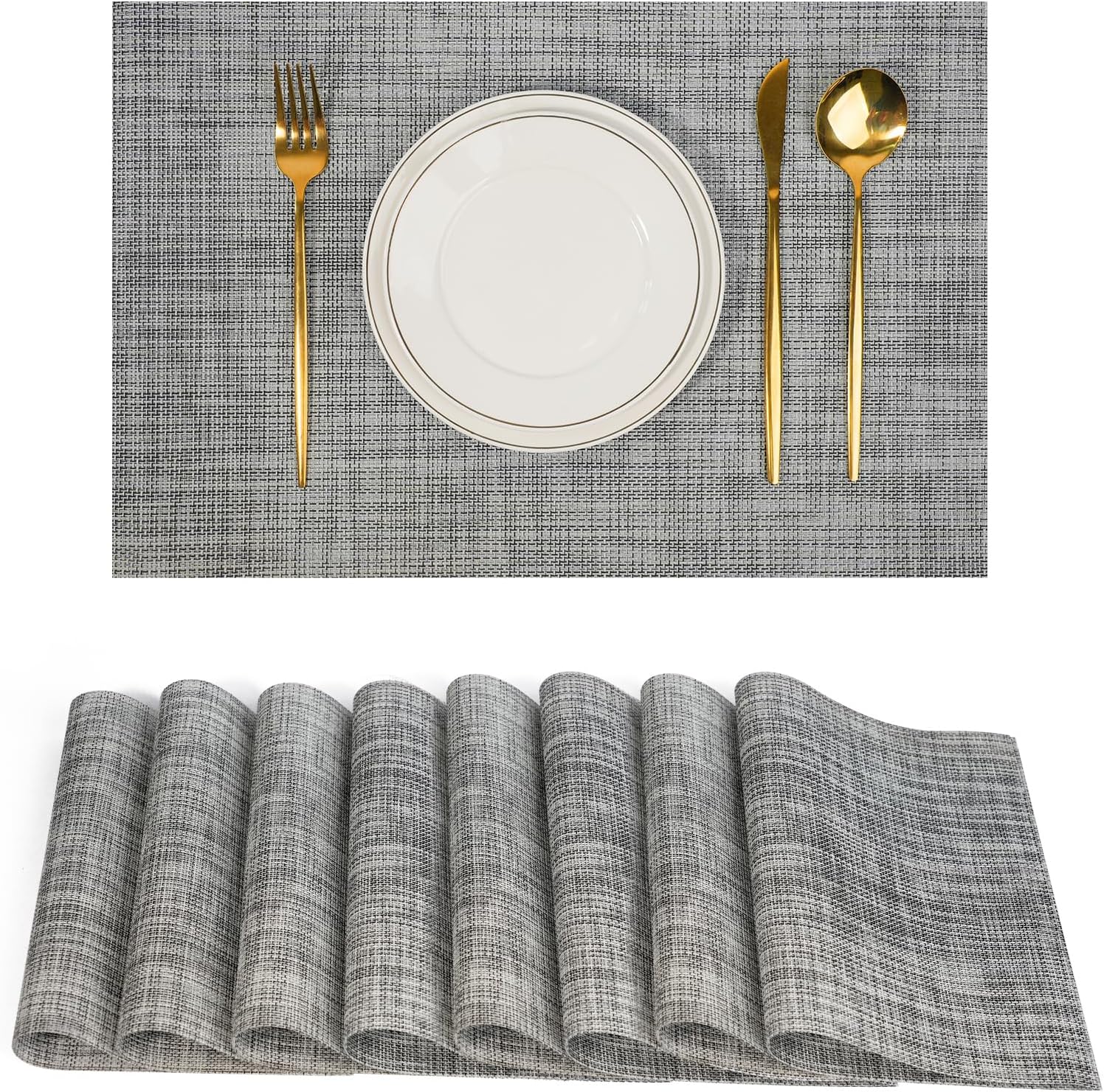 Placemats Set of 8，Non-Slip PVC Weave Table Mats Easy to Clean，Heat Resistant Place Mats for Kitchen Dining Table Decoration Indoor Outdoor，Gray