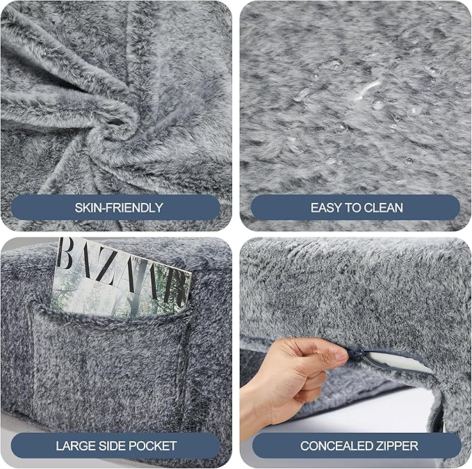 Homguava Reading Pillow Memory Lap Desk Foam Pillow for Adults Gaming Pillow Arm Rest Pillow for Reading, Crocheting, Gaming or Sitting in Bed (Furry Grey, Medium)